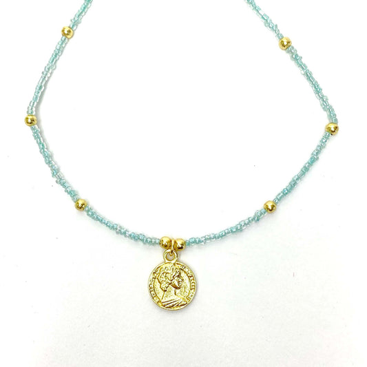 Baby blue Glass Bead Choker with Brass Coin Pendant