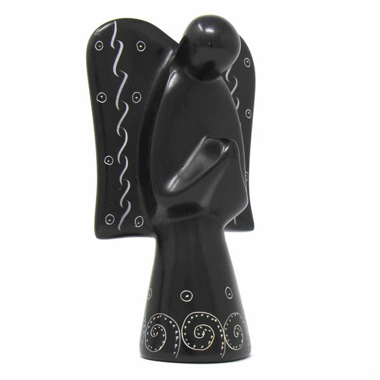 Soapstone Angel Sculpture - Black Finish with Etch Design