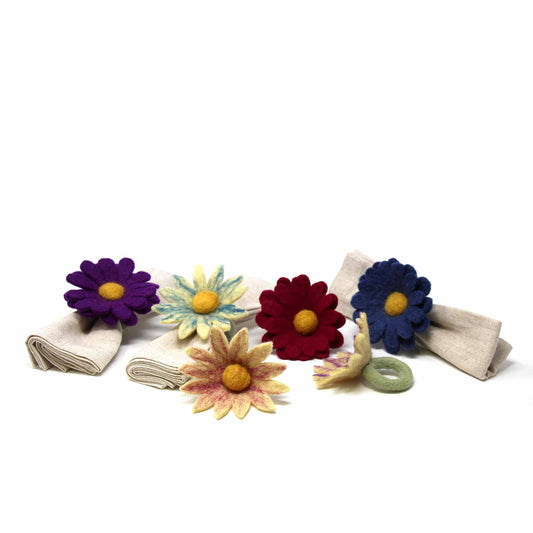 Hand Crafted Felt from Nepal: Set of 6 Napkin Rings, Assorted Daisies for Fall