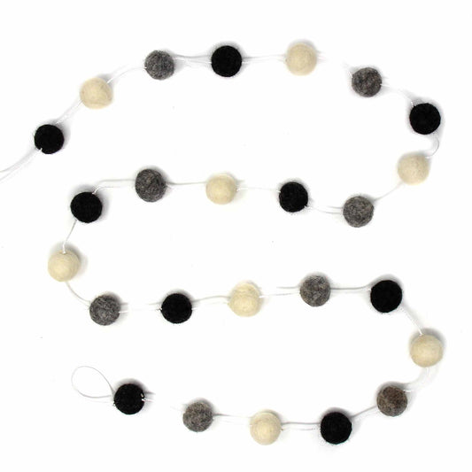 Hand Crafted Felt from Nepal: Pom Pom Garlands, White/Black/Gray