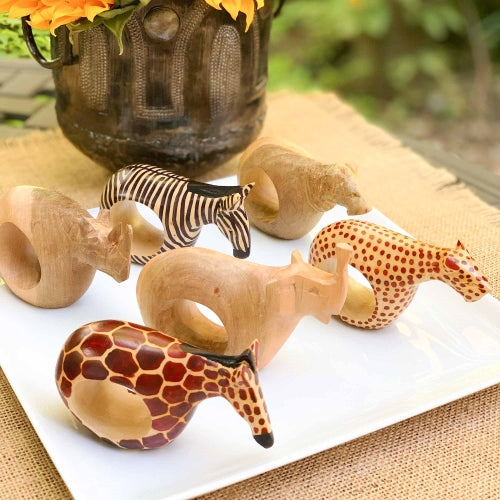 Set of Six Mahogany Wood Animal Napkin Rings - Jedando Handicrafts