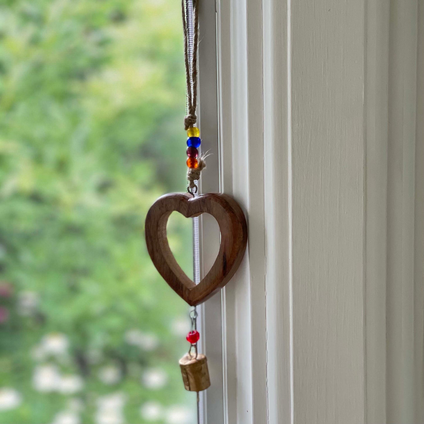 Handcrafted Wood Heart Chime with Iron Bell