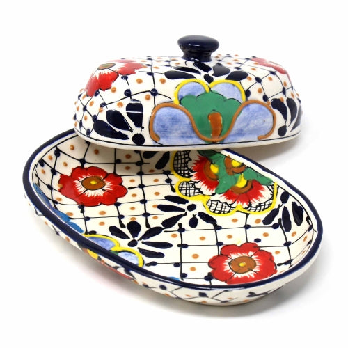 Handmade Pottery Butter Dish, Dots & Flowers - Encantada