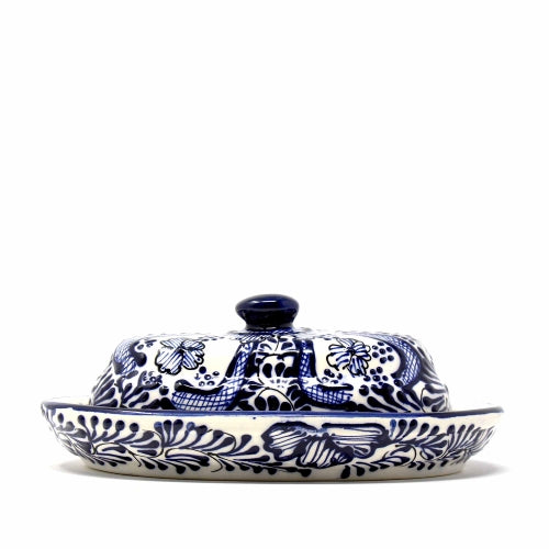 Handmade Pottery Butter Dish, Blue Flower - Encantada