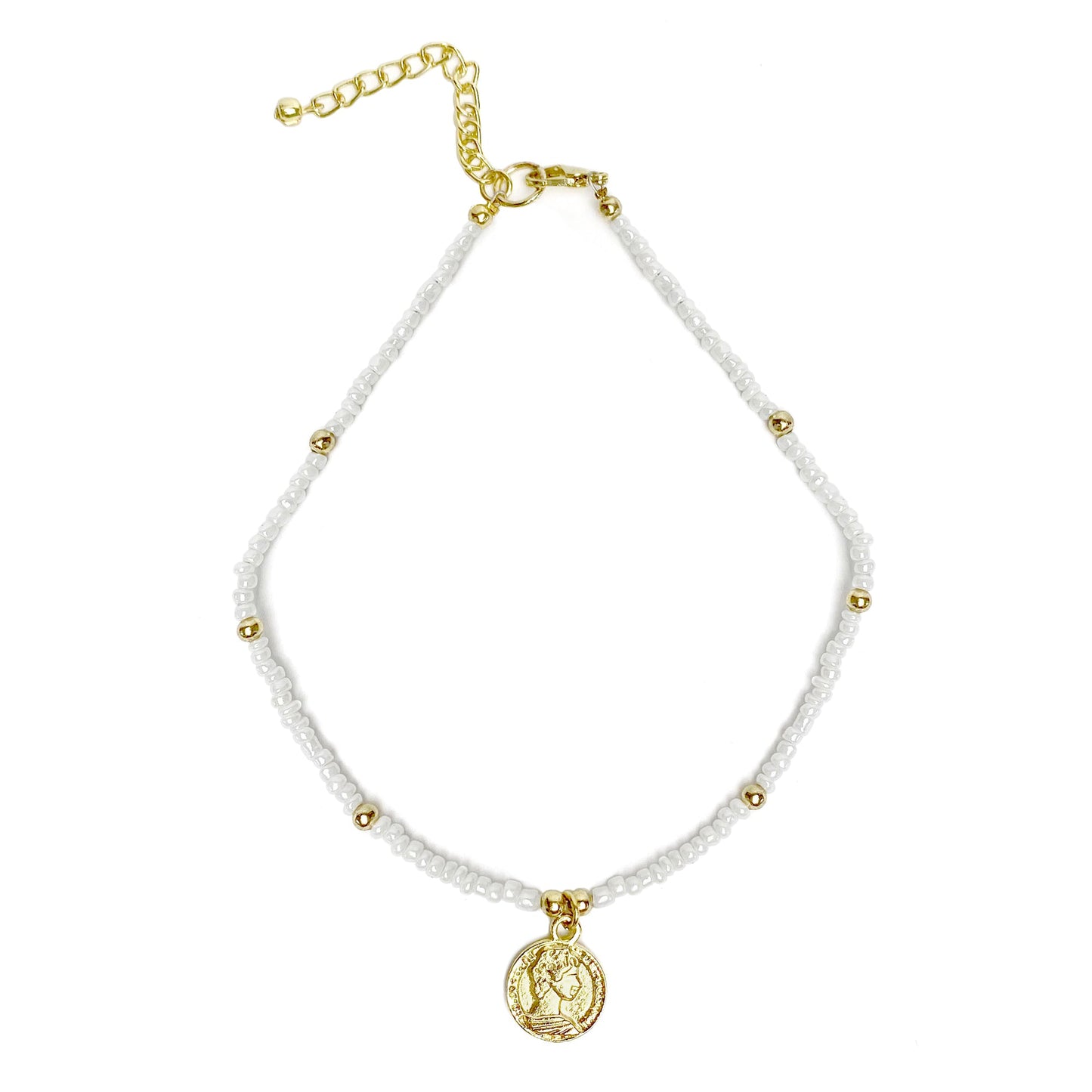 White Glass Bead Choker with Brass Coin Pendant