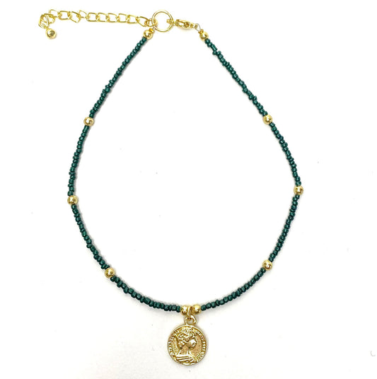 Dark Green Glass Bead Choker with Brass Coin Pendant