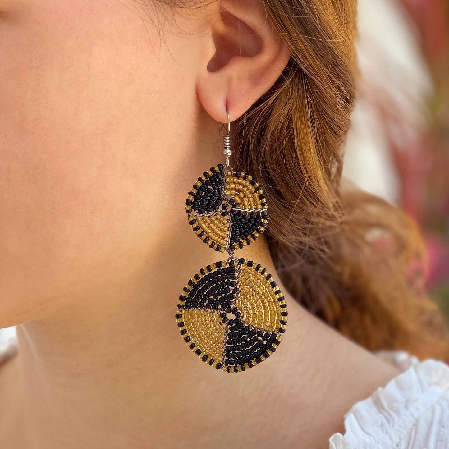 Maasai Bead Double Circle Dangle Earrings, Gold and Black