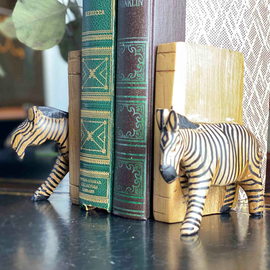 Carved Wood Zebra Book Ends, Set of 2