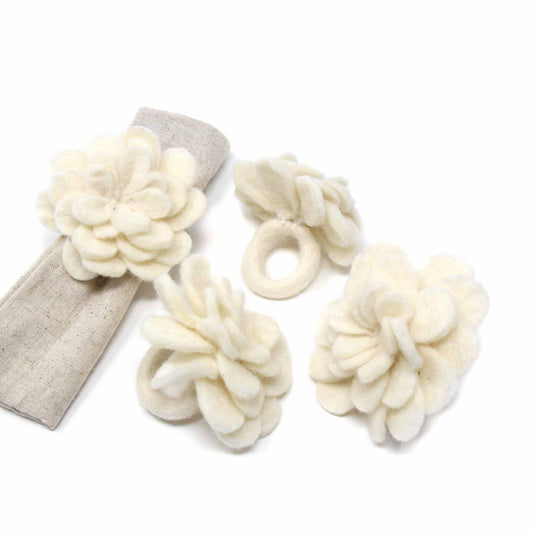 Set of 4 Felt Napkin Rings, Cream Zinnias