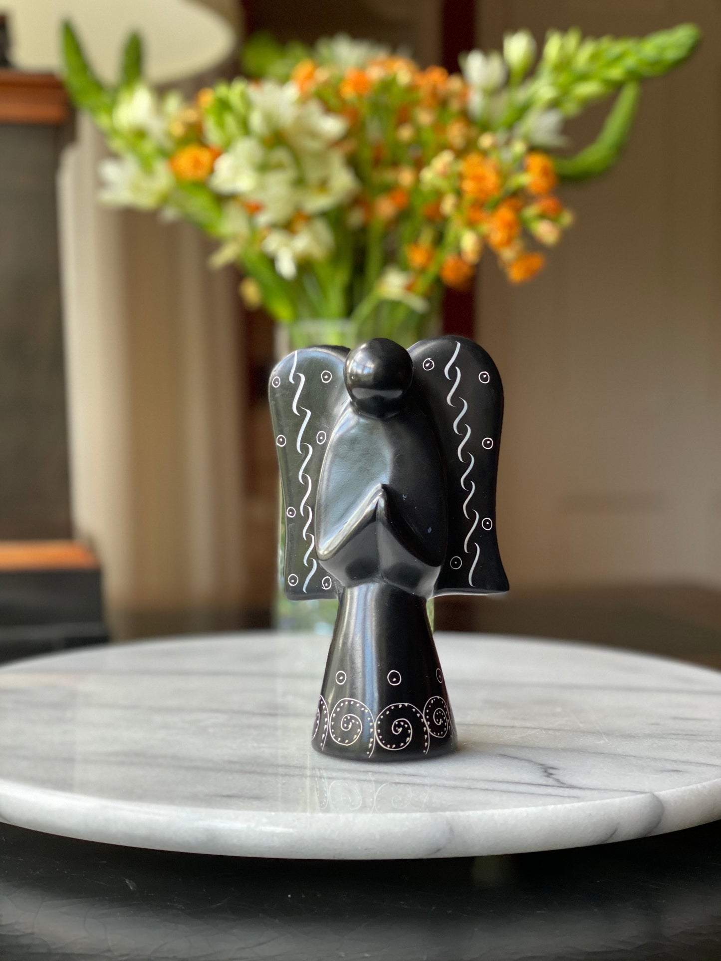 Soapstone Angel Sculpture - Black Finish with Etch Design