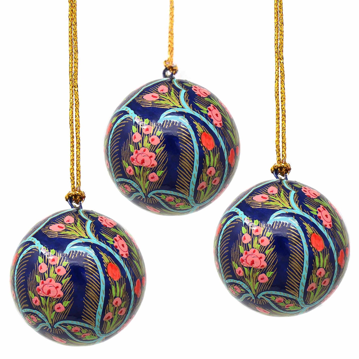 Handpainted Ornaments, Coral & Blue Floral - Pack of 3