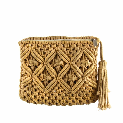 Macrame Clutch with Tassel, Tan