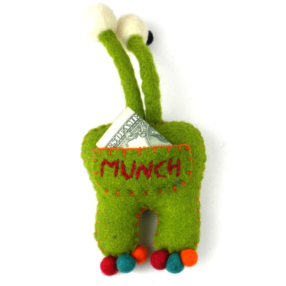 Hand Felted Green Tooth Monster with Bug Eyes - Global Groove