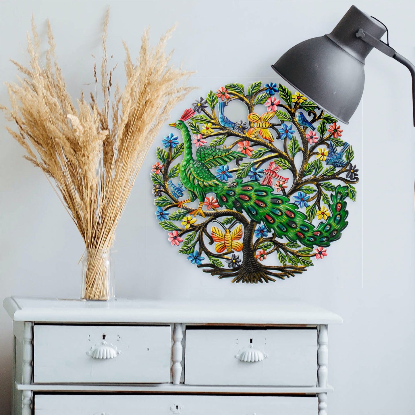 Peacock in Tree Haitian Metal Drum Wall Art