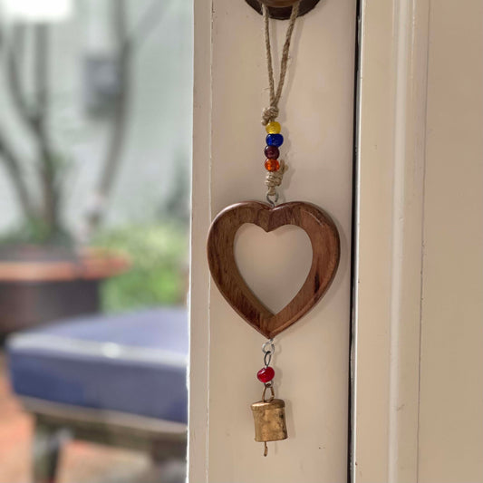 Handcrafted Wood Heart Chime with Iron Bell