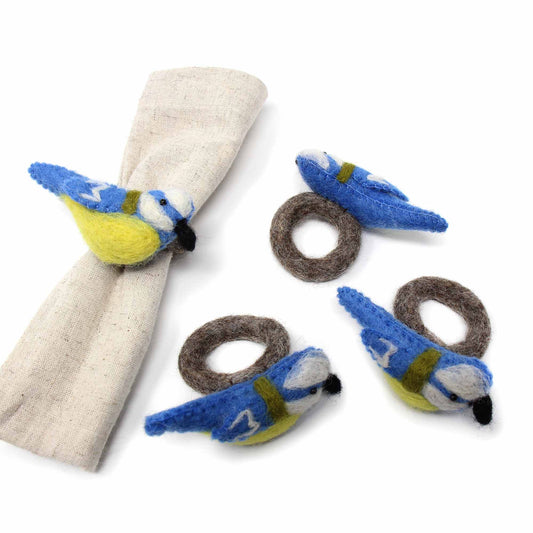 Napkin Rings, Set of 4 Birds - Yellow/Blue