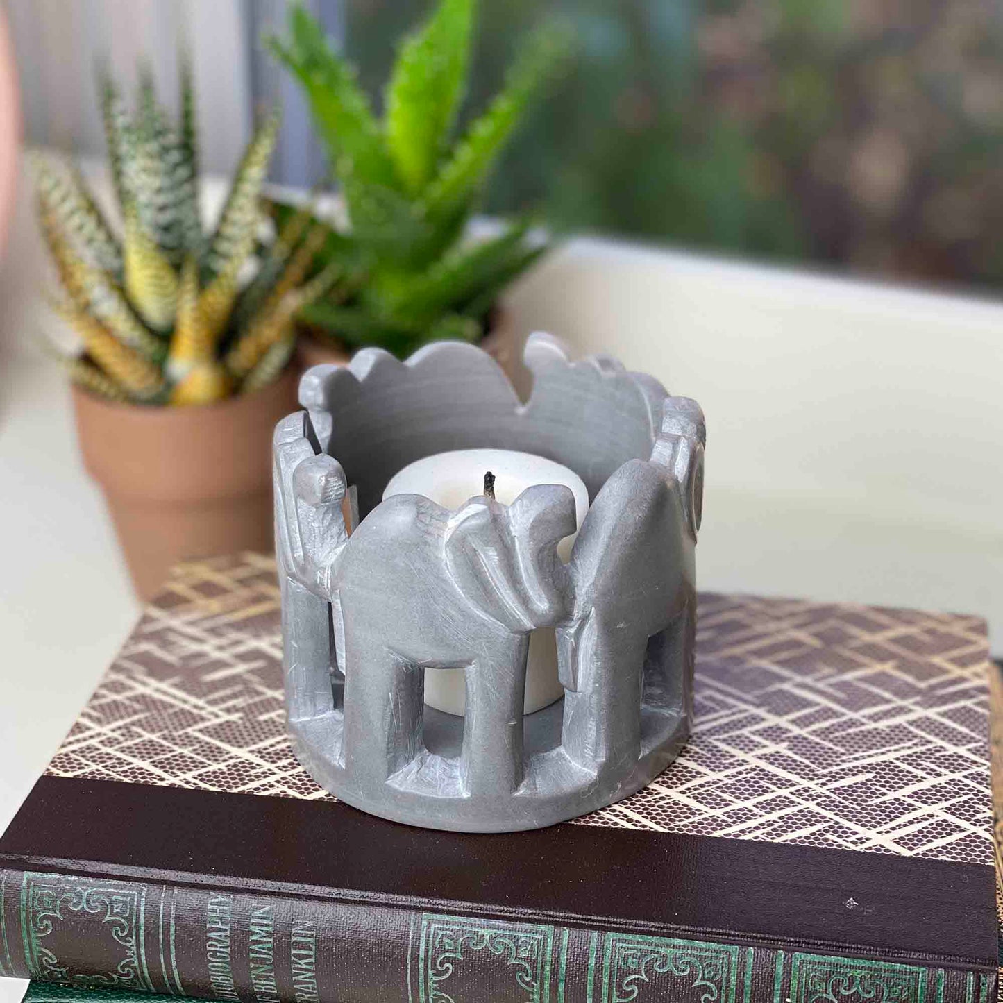 Circle of Elephants Soapstone Sculpture, 3 to 3.5-inch - Dark Stone