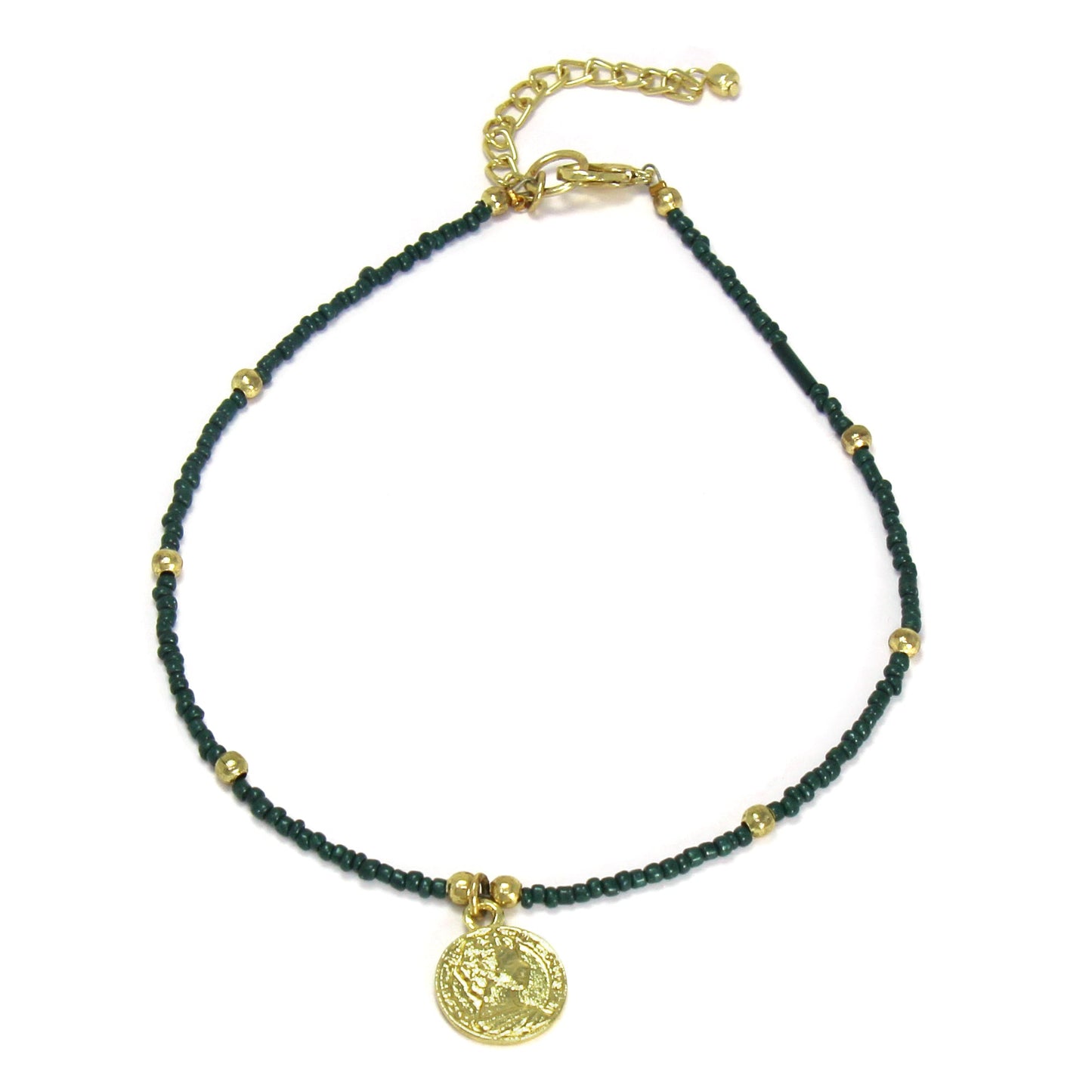 Dark Green Glass Bead Choker with Brass Coin Pendant