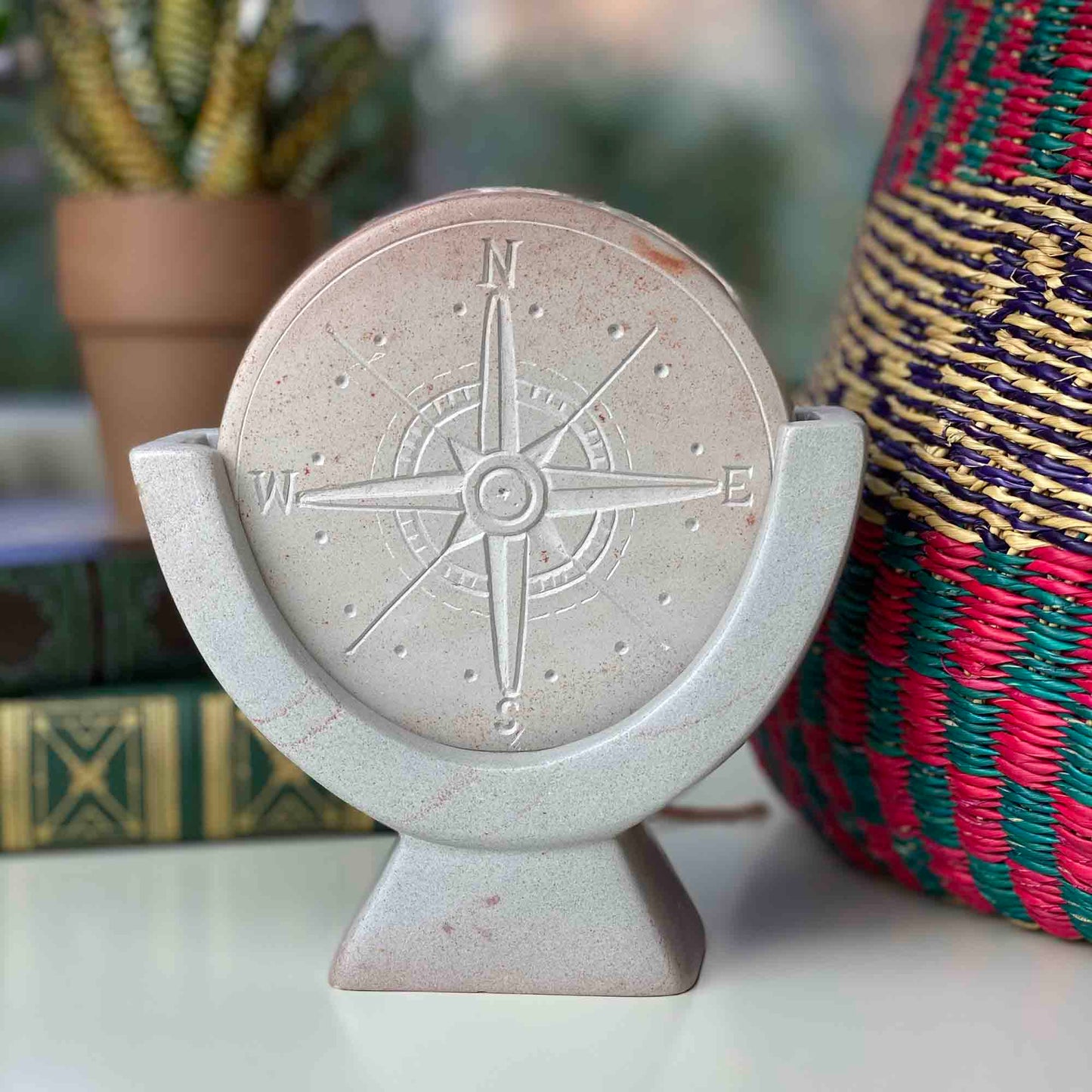 Compass Soapstone Sculpture, Light Gray Stone