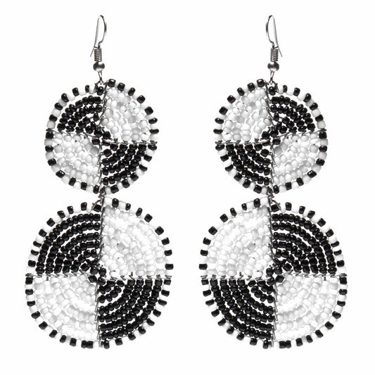 Maasai Bead Double Circle Dangle Earrings, White and Black